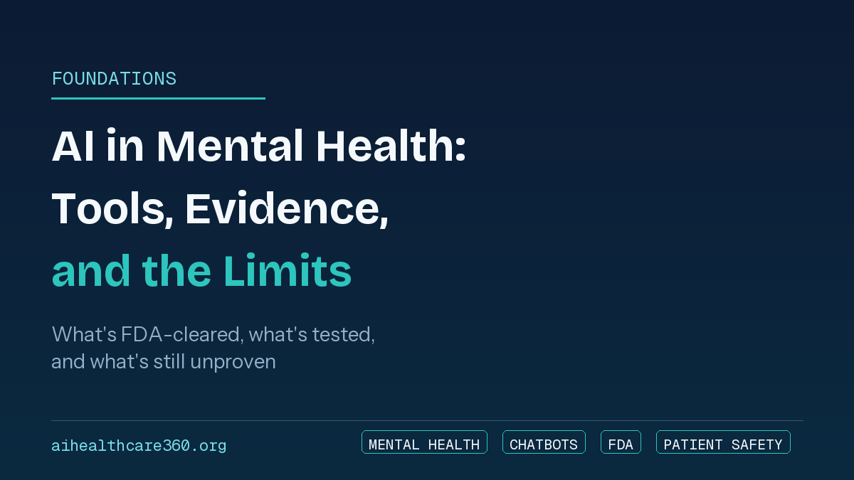 Clinician reviewing an AI mental health chatbot interface next to a chart of clinical evidence and FDA regulatory status
