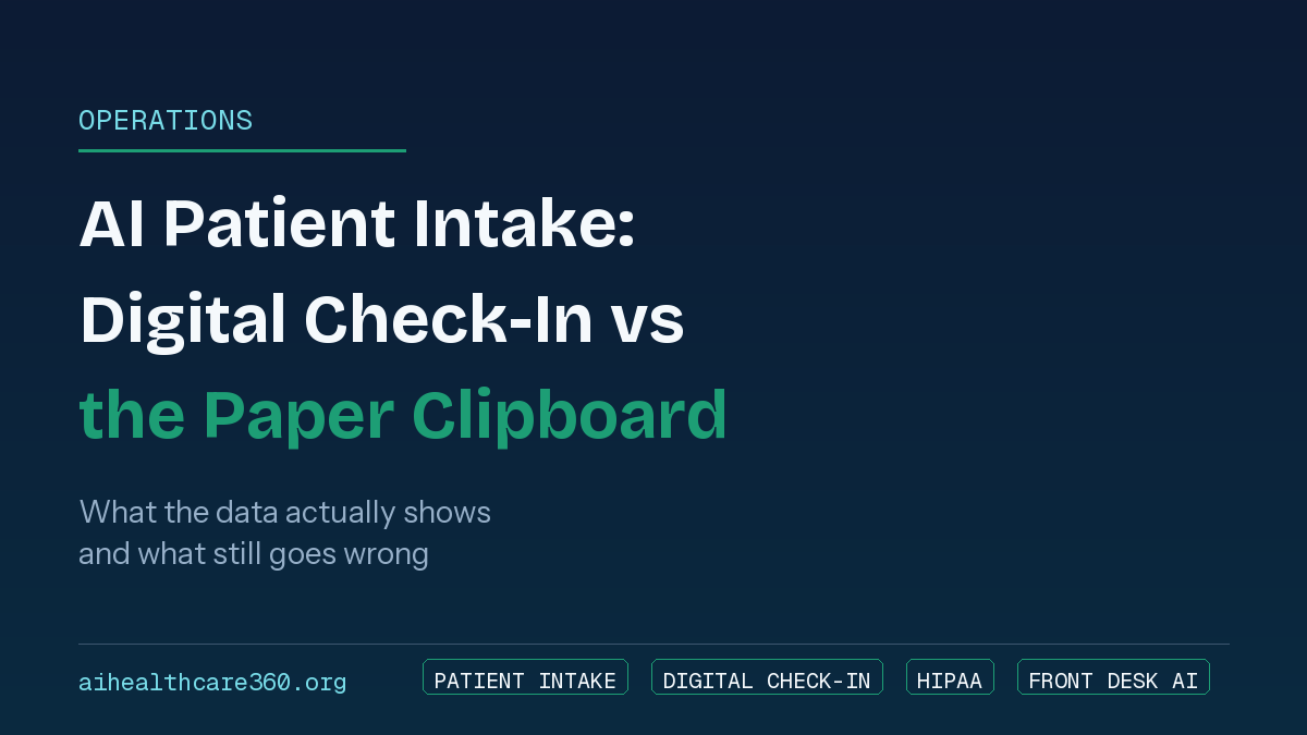 Patient completing digital check-in on a tablet at a clinic front desk, replacing a stack of paper intake forms