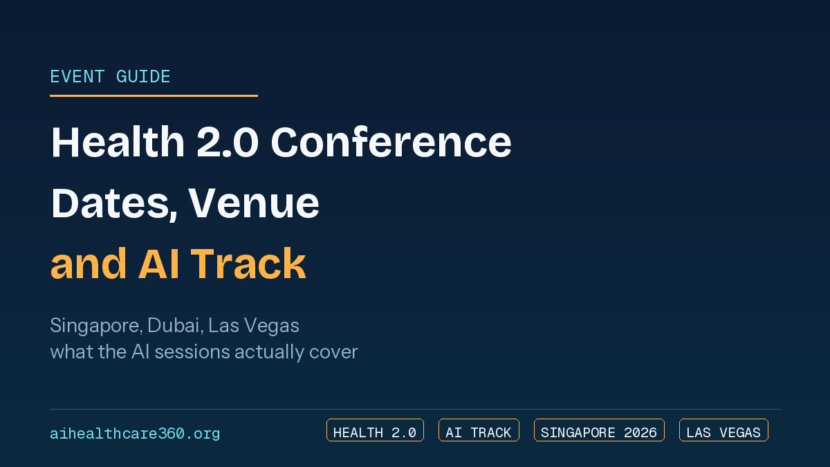 health-2-0-conference-dates-venue-ai-track-20260814-181112 Conference hall signage for the Health 2.0 Conference showing dates and AI track sessions
