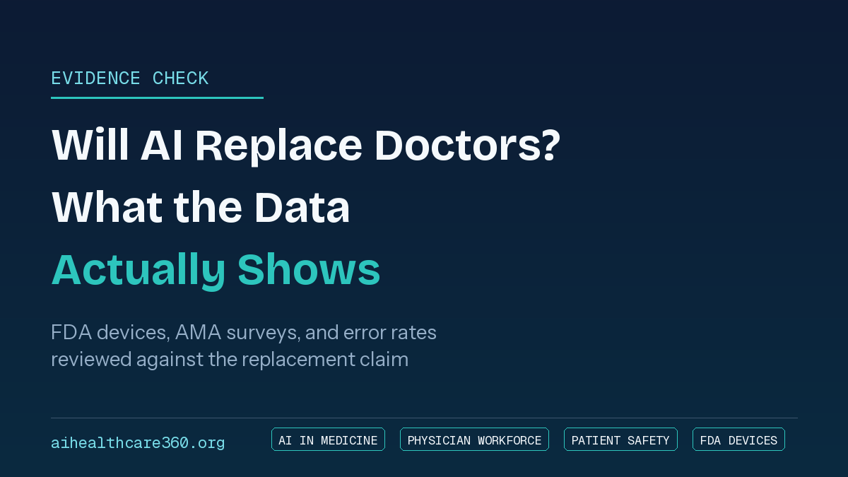 Doctor reviewing AI diagnostic output on a screen next to a patient, illustrating the question of whether AI will replace doctors
