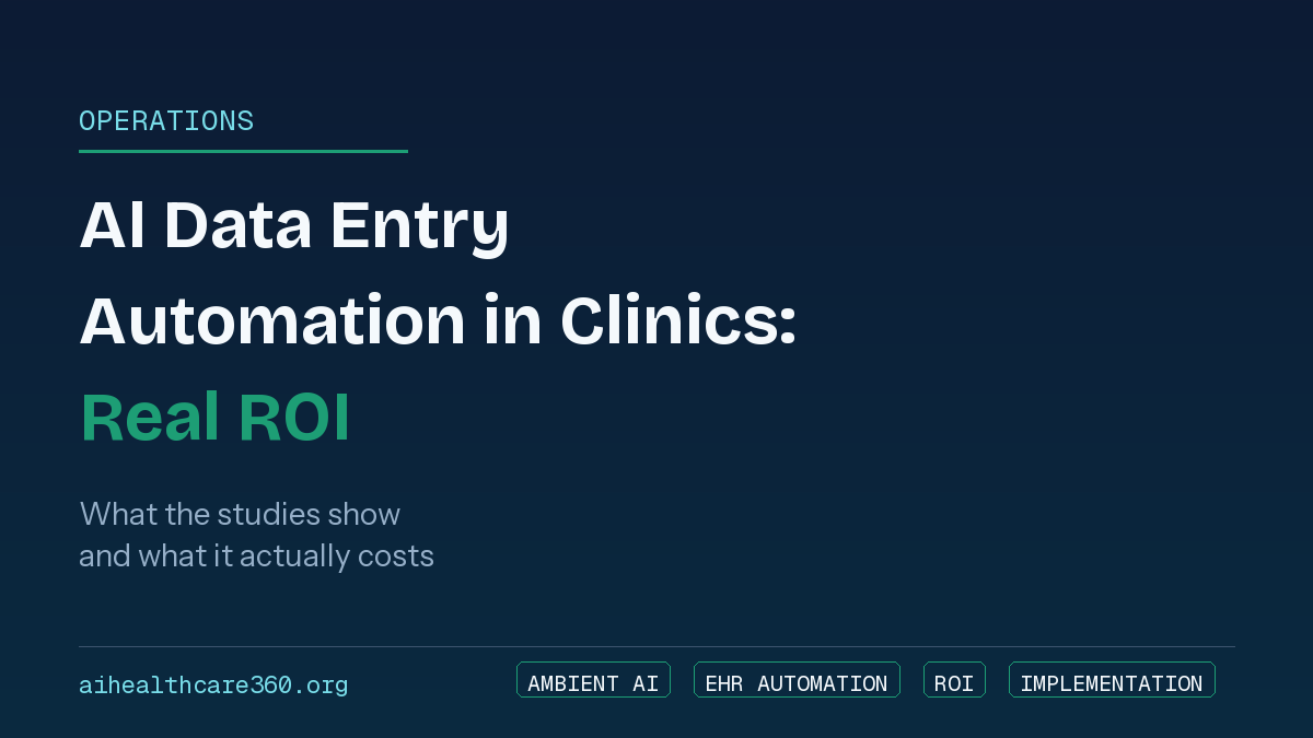 Clinician reviewing an AI-generated clinical note on a laptop during a patient visit, illustrating AI data entry automation in a clinic setting