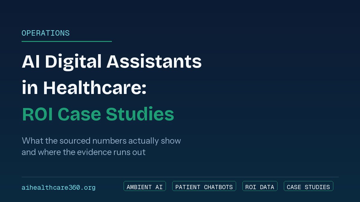 Illustration of a hospital administrator reviewing ROI data charts for AI digital assistant tools including a documentation scribe and patient chatbot
