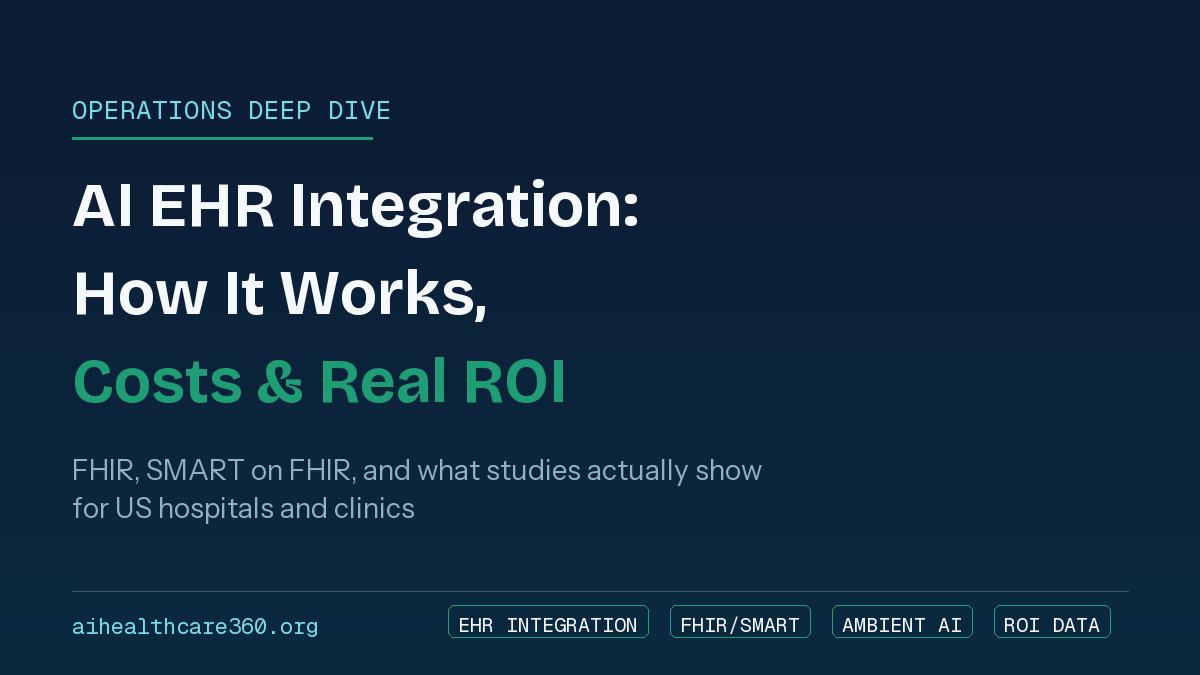 Diagram-style illustration of AI tools connecting to an electronic health record system through FHIR APIs, with cost and ROI data points
