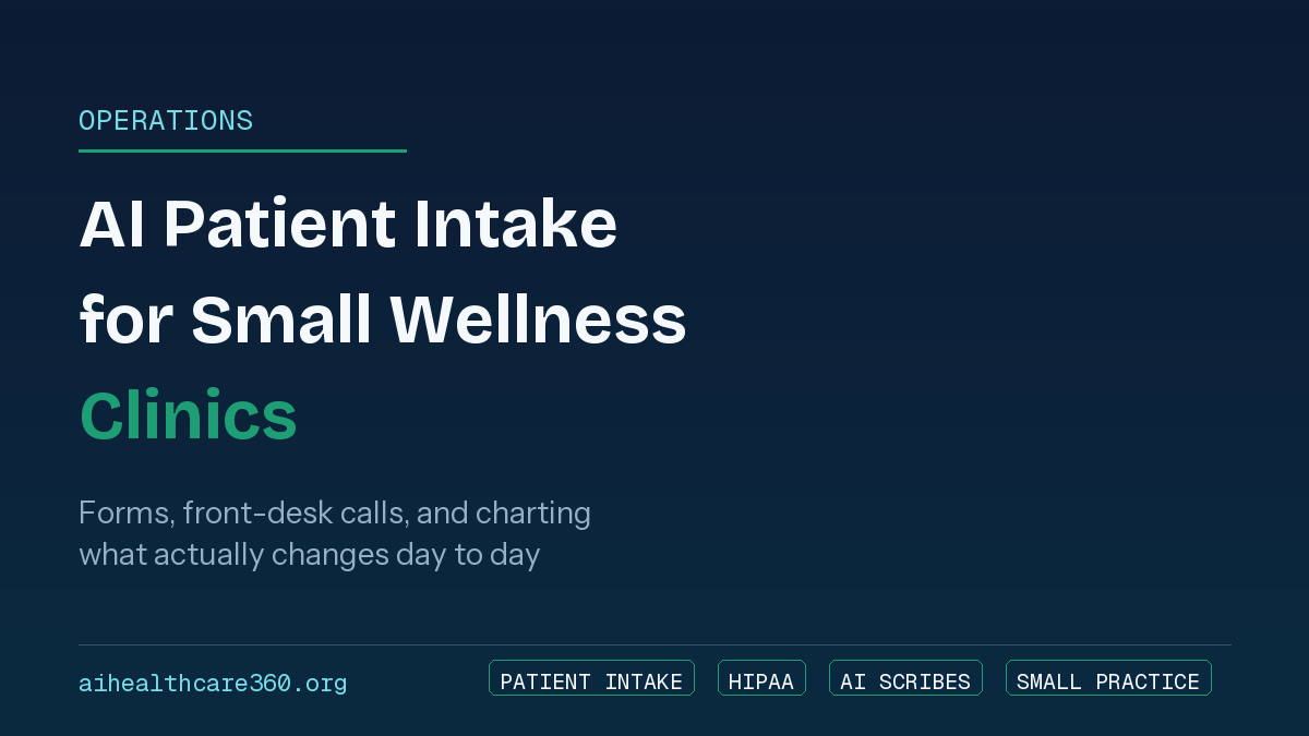 A small wellness clinic front desk showing a tablet with a digital intake form next to a paper clipboard, illustrating AI-assisted patient intake